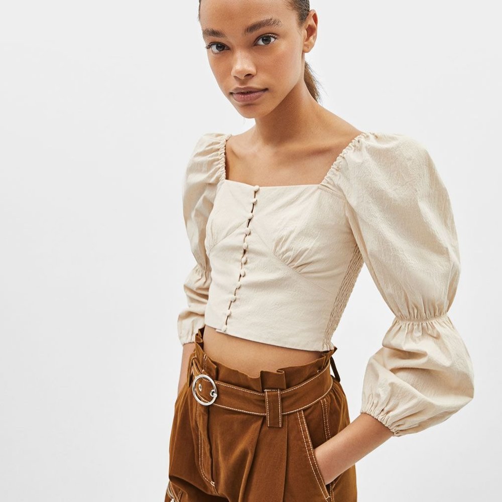 Bershka Tan Peasant Top with Balloon Sleeves